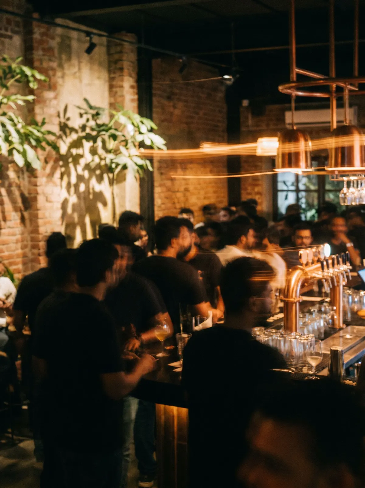 Motion-blurred crowd in a bar