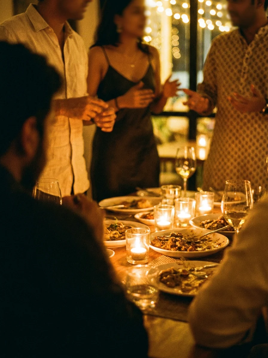 Three couples at one table on a Saturday evening